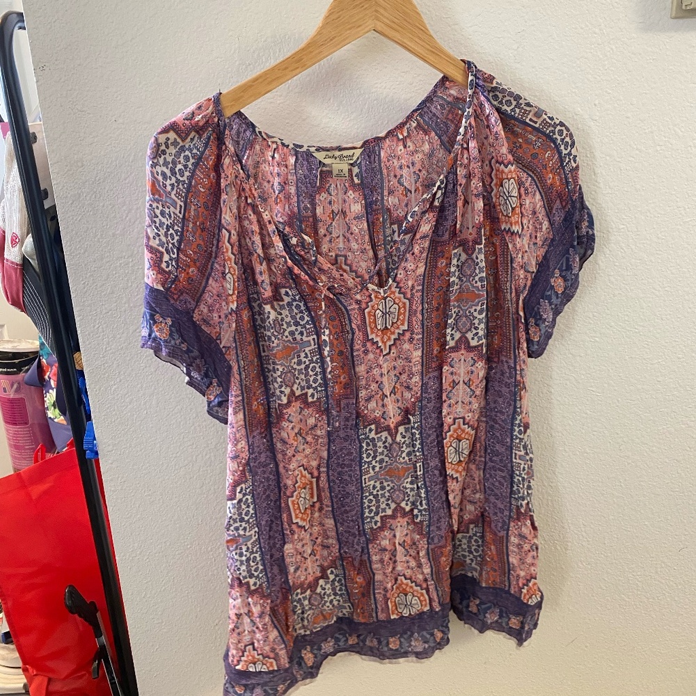 Lucky Brand Purple & Pink Boho Printed Short Sleeve Blouse Womens Shirt Casual